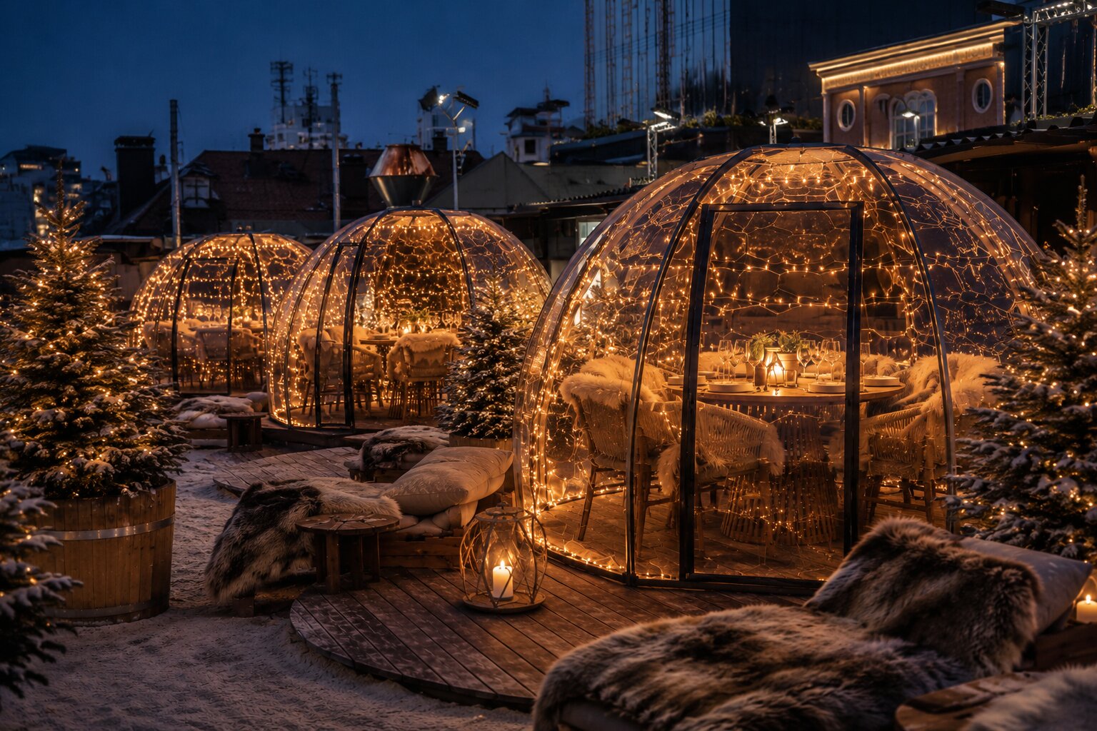 DECKZEHN Winter Rooftop mit Winter Domes, Lichterketten und Tannen