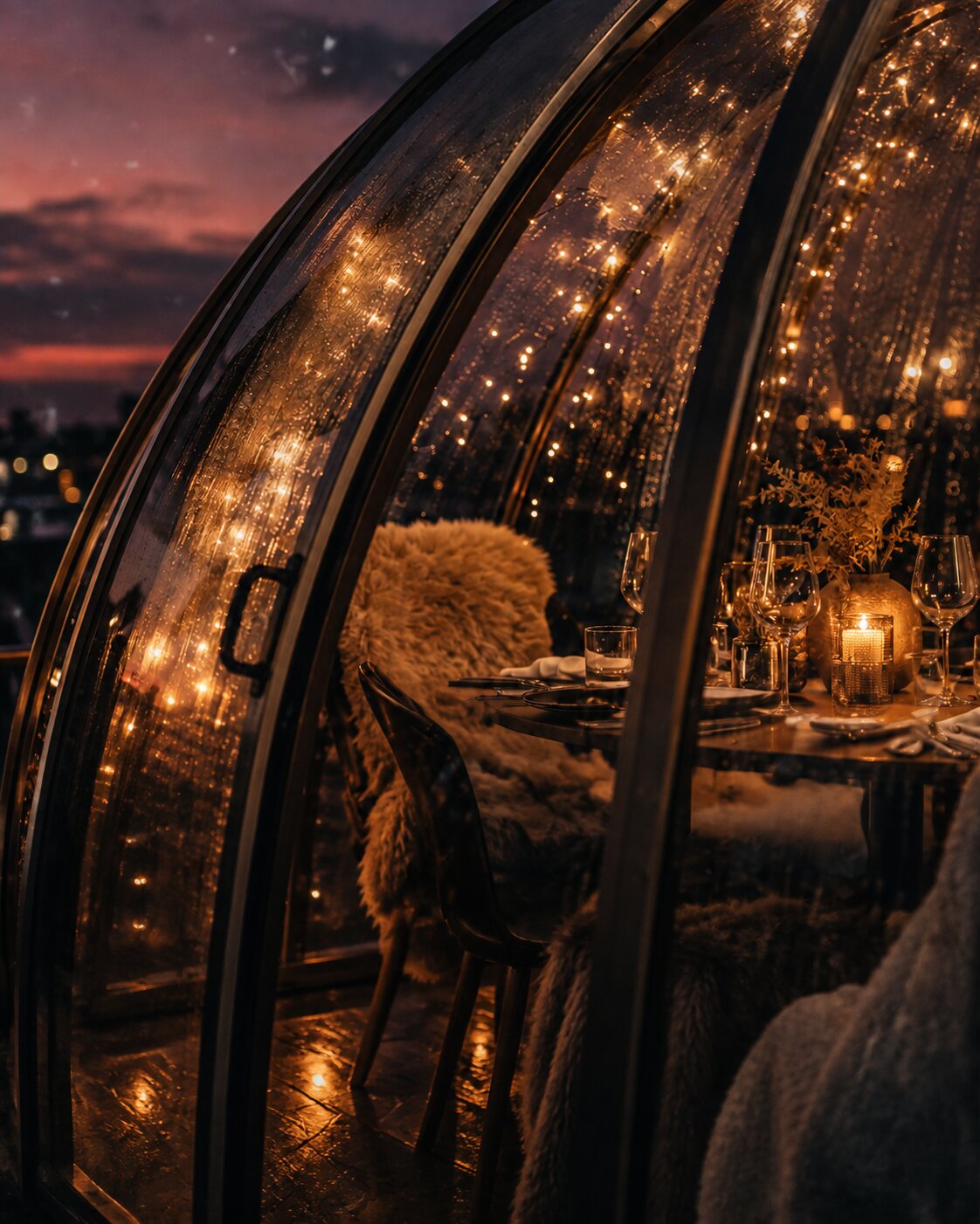 Winter Dome von innen — Fell, Lichterketten, gedeckter Tisch bei Sonnenuntergang
