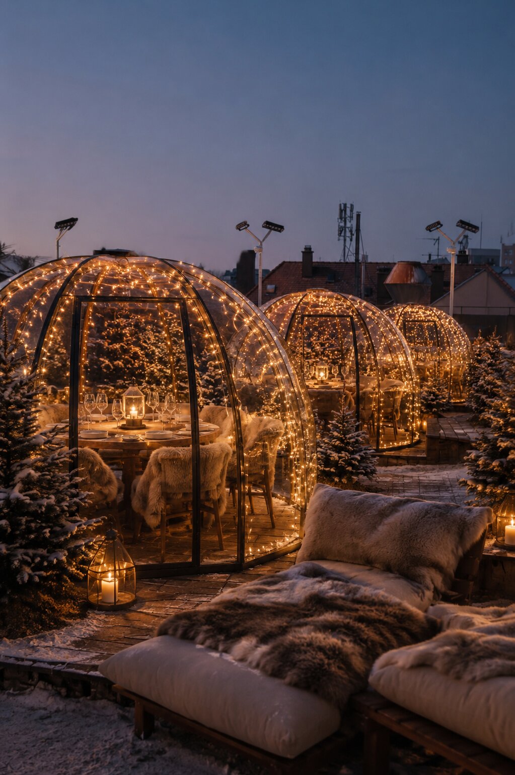 DECKZEHN Winter Dome von innen — Fell, Lichterketten, gedeckter Tisch